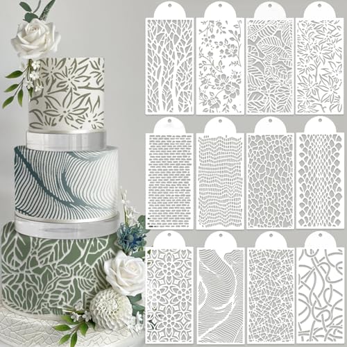12 Pcs Cake Stencils Cake Templates Set Floral Leaf Linear Stripe Lace Irregular Geometry Wedding Icing Stencils Cake Molds Cookie Dessert Buttercream Decorating Baking Supplies Mesh Printing for Cake