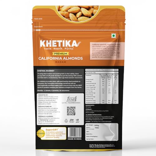Image of Khetika Premium California Almonds 500g | Dry Fruits Gifts, Almonds, Badam, Badam Giri, Rich in Fiber, Boost Immunity, Healthy Nutritious Snacks, Whole Crunchy, Pack of 1