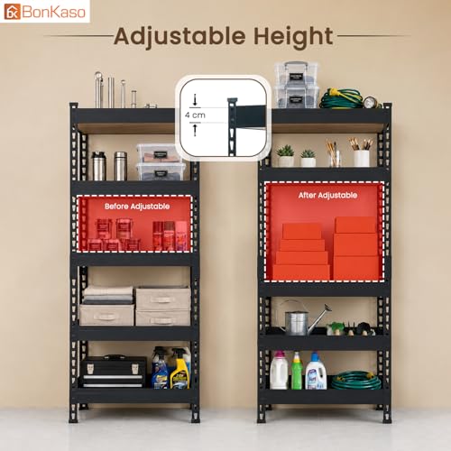 Image of Bonkaso 5 Tier Adjustable Boltless Metal Storage Rack for Home, Garage, Office & Shop | Heavy Duty Rust-Resistant Shelving Unit with MDF Wooden Shelves | Utility Display Stand, Black, (60x36x137 cm)