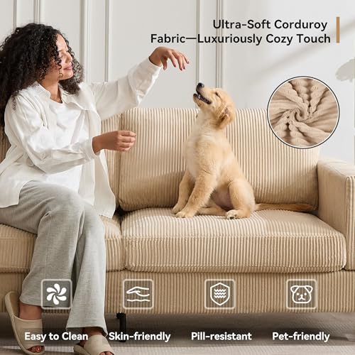 Tbfit 85" Corduroy Couch for Living Room, 3 Seater Mid Century Modern Sofa with Spring Cusions & Extra Deep Seat for Bedroom, Small Comfy Upholstered Couches Easy Assembly with Solid Wood Legs, Beige - Image 4