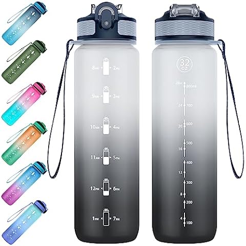 NAVTUE Sport Trinkflasche 1L mit Strohhalm Tritan BPA-frei, Wasserflasche mit Zeitmarkierungen spülmaschinenfest Cover