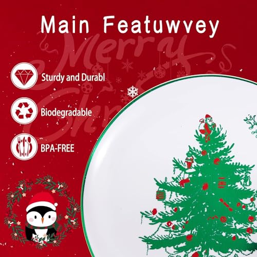 Rubtlamp 60PCS Christmas Plastic Plates, White Disposable Plates with Green christmas Tree, Fancy christmas Party Plastic Plate Include 30 Dinner Platos, 30 Dessert Platos for Parties – Image 4