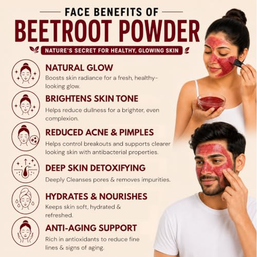 Image of Organic Pure Beet Root Powder (100 Gm) Pure Beetroot /Chukandar Powder Natural Superfood for Drinking, Smoothies, Juice, Face Pack & Hair Care | Rich in Antioxidants & No Added Preservatives
