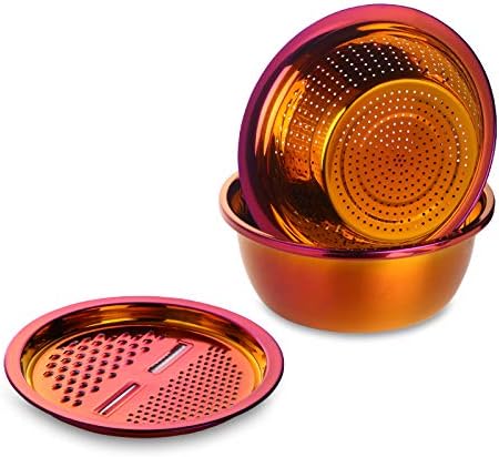 Multifunctional Grater Basin,Large Grater Cutter,Stainless Steel Drain Basket and Basin,Multi-functional&High Quality, for Vegetable Fruit Salad Potatos (rose gold)