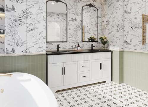 Image of eclife 72 inch Bathroom Vanities Sink Combo with Painted Surface, Modern Drawered Cabinet W /Decorative Wave Lines, Undermount Double Black Sink, Matte Black Faucet Drain, White