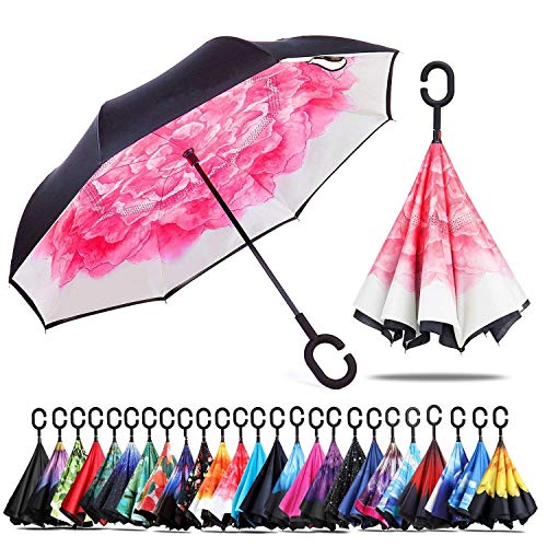 Chiasa 逆さ傘 長傘 さかさま傘 逆折り式傘 逆転傘 UVカット 晴雨兼用 手離れC型手元 耐風傘 撥水加工 ビジネス用車用 自立傘 二重傘