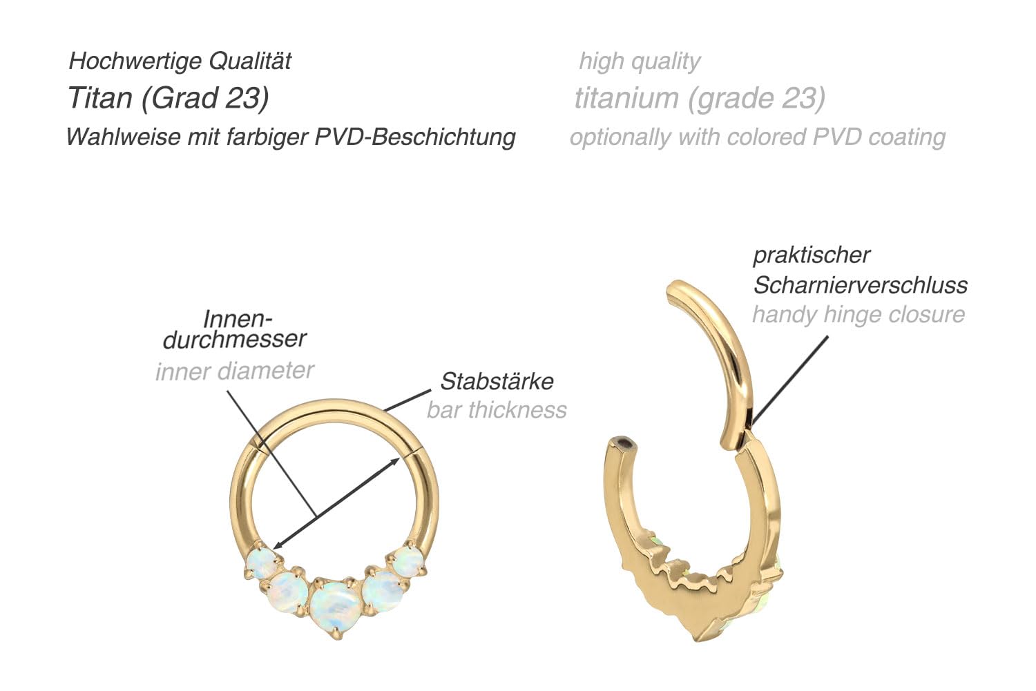 PIERCINGLINE Piercing Ring Titan Segmentring Clicker 5 SYNTHETISCHE OPALE - Roségoldfarben, Schwarz, Goldfarben, Weiß, Silberfarben