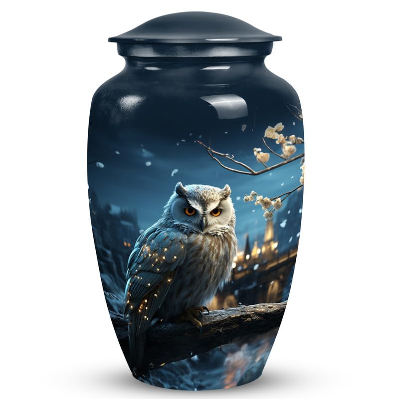 SUBSH White Owl Sitting White Flower Tree Flower Pot - Decorative Urn for Cremation Ashes - Urn for Adult Ashes - 10 Inch Large
