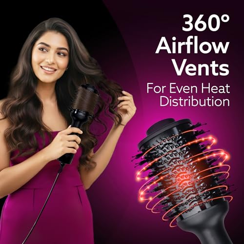 Image of AGARO HV2179 Hot Air Brush for Hair, Blow Dryer Brush, Volumizer & Styler, 360 Airflow Vent, Oval Barrel for Hair Volume, Charcoal Bristles, Ceramic Tourmaline Coating Brushing Head, 1200W, Black