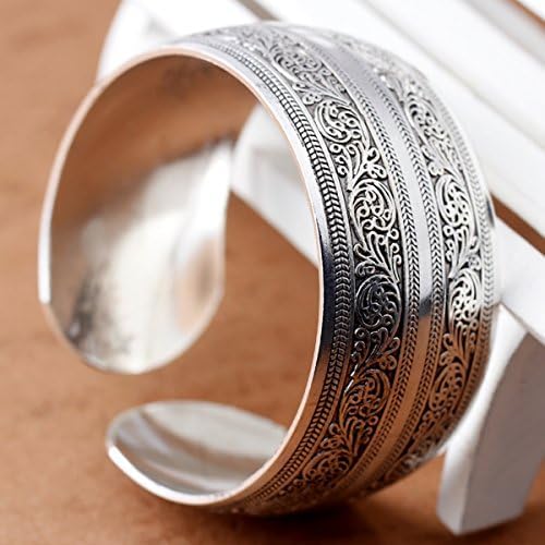 1Pc Silver Tibeten Silver Carved Spiral Flower Connecting Branches Pattern Wide Band Open Cuff Bracelet Bangle Size adjustable Cuff Bracelets for Women3