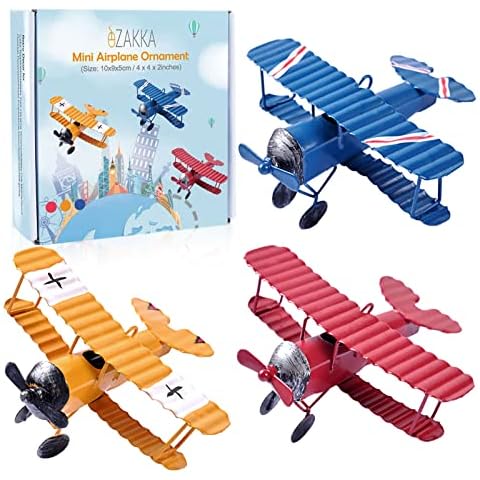 eZAKKA Vintage Airplane Decor Mini Small Model Plane Metal Hanging Airplane Biplane Ornament for Christmas Decorations Home Room Decor Birthday Gifts Cake Topper, 3 Color, 3 Pack Cover
