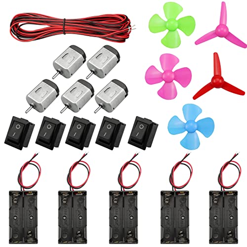 milaosk 21 PCS DC Motors Kit,Mini Electric Motor 1.5-3V 24000RPM with 5 DC Mini Motors and 5 AA Battery Holders Red and Black Two-tone 0.5 Square Cable and Mini Fan Leaf for DIY Science Experiment