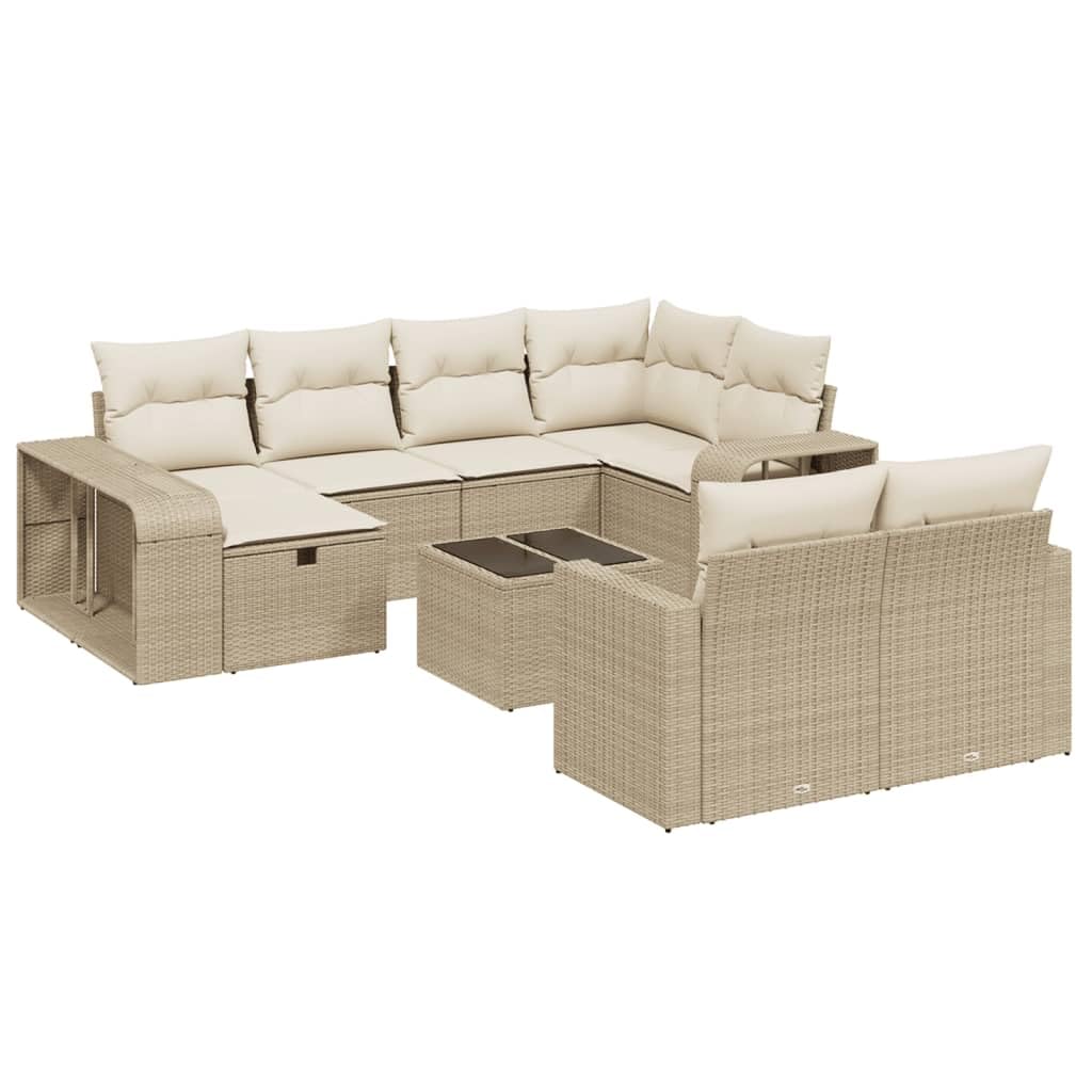 Juego de sofá modular de ratán sintético para jardín con espacio de almacenamiento y fundas de almohada extraíbles, 11 piezas, color beige