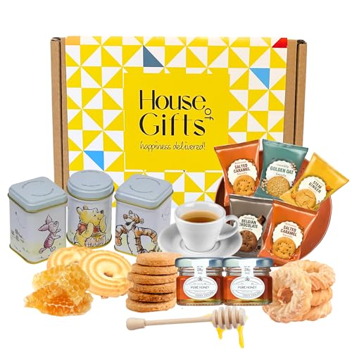 Tea Hamper Pooh Bear Gift Set Including 3 x 70g Loose Leaf Tea British Biscuits Honey Pots & House of Gifts Honey Spoon & Box | Biscuit & Brew Gift Box Elegant Treat Selection