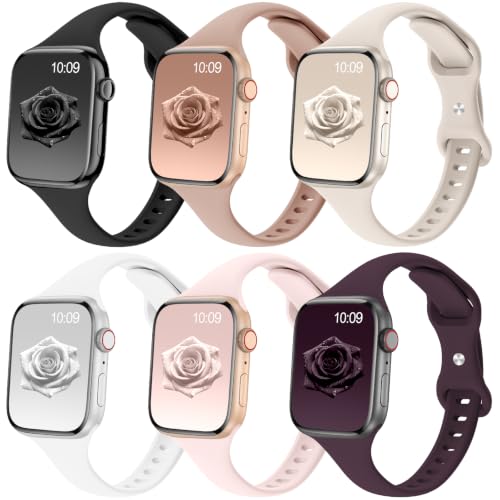 Image of 6 Pack Thin Slim Soft Silicone Bands Compatible with Apple Watch Women Men | 38mm 40mm 41mm 42mm 44mm 45mm 46mm 49mm, Waterproof Lightweight Strap for iWatch Series 11 /10 /9 /8 /7 /6 /5 /4 /3 /2 /1 SE Ultra