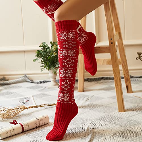 Image of Pcavin Thigh High Socks for Women Cable Knit Over the Knee Boot Socks, Long Warm Leg Warmers Winter(Red Christmas1)