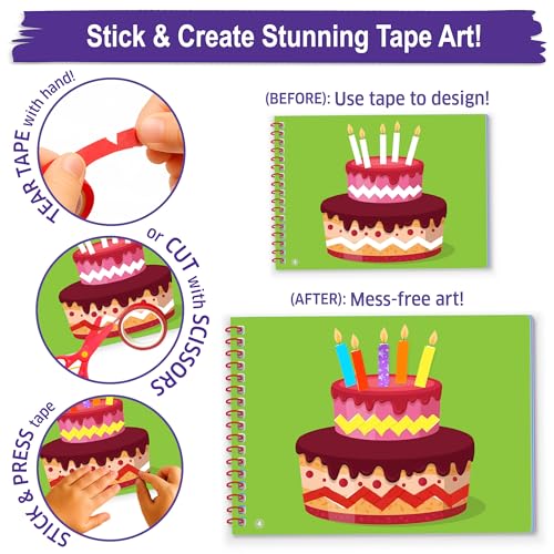 Image of Chalk & Chuckles Tape Trails Art and Craft Kit for Kids - 30+ Mess-Free Tape and Sticker Art Projects, Fine Motor and Scissor Skills Activity Book, Birthday Gift for Boys and Girls Ages 3 to 7