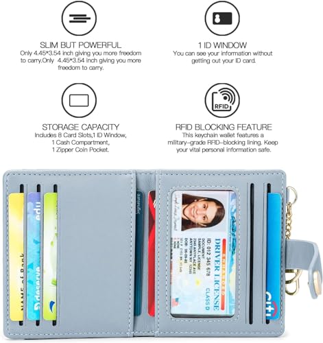 Image of VOGARD Slim Wallet for Women,RFID Blocking Bifold Credit Card Holder with Zipper Coin Pocket,ID Window & Keychain (Blue)