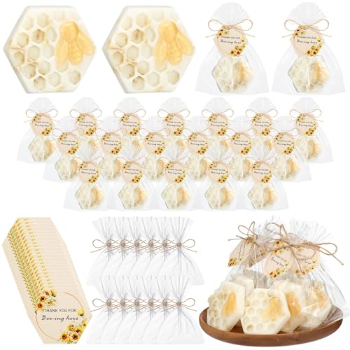 Leelosp 24 Set Honey Oatmeal Soap Bulk Honeycomb Bee Themed Baby Shower Favors Honeycomb Party Favors Gift with Thank You Card Gift Bag for Guest...