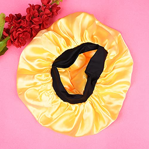 Image of Satin Silk Premium Sleeping caps, Comfortable & Soft Double Layered Streachable Hair Bonnets for All Head Sizes & Hair Type, Night Care Routine - Pack of 1 Pcs - Yellow