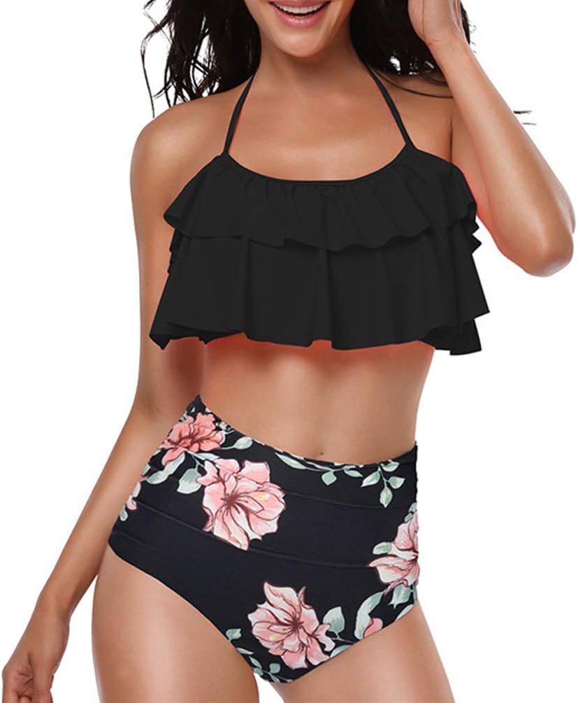 Swimsuit for Women Two Pieces Bathing Suits Top Ruffled Flounce Swimwear Tummy Control High Waisted Bottom Bikini Set
