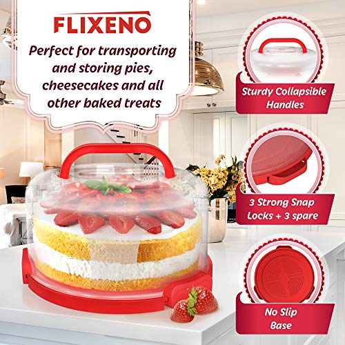 Flixeno Large Sturdy Red Round Cake Carrier Holder Up To 10 Inch Multi Purpose Cover Five Section Serving Tray Keeper For Easily Hold & Transport Cakes Pies & Cupcakes With Collapsible Handles + 3 Extra Clips #TOP1