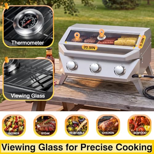 Image of Bestfire 3-Burner Tabletop Propane Gas Grill, 30,000 BTU Portable Propane BBQ Grill with Viewing Glass Lid & Thermometer, Stainless Steel Outdoor Cooking Grill for Camping, RV, Patio and Tailgating