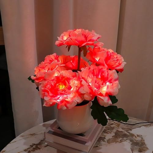 Flower Night Light, USB Plug-in Peony Flower with Vase Lamp, Infinite Dimming Ambient Light, LED Desktop Decorative Landscape Lights for Living Room Home Decor (Pink - Peony)