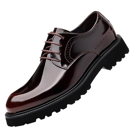 Sapato social masculino de couro envernizado com cadarço plataforma de trabalho Oxfords bico redondo antiderrapante sola cavada cano baixo sapatos sociais confortáveis para negócios formais, Marrom,