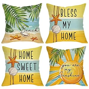 Summer Beach Sunshine Coastal Decorative Throw Pillow Cover 20 x 20 Set of 4, Sun Tropical Starfish Conch Sea Ocean Porch Outdoor Home Decor, Hawaii Palm Leaves Seasonal Couch Cushion Case