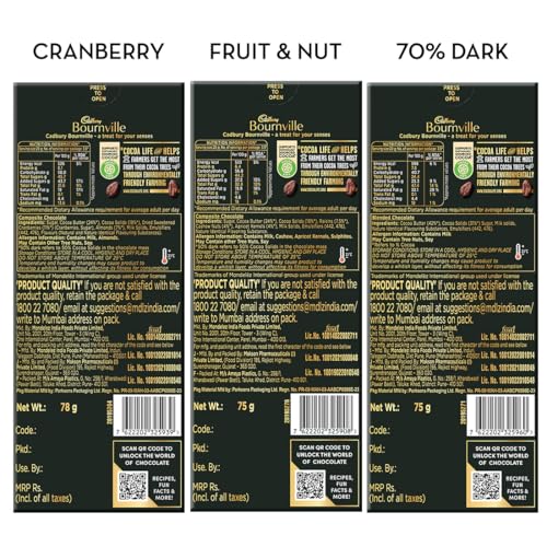 Image of Cadbury Bournville Dark Chocolate Bars Combo (2 x Cranberry78 gm, 2 x Fruit & Nut 75 gm, 2 x 70% Dark Chocolate Bar 75 gm)