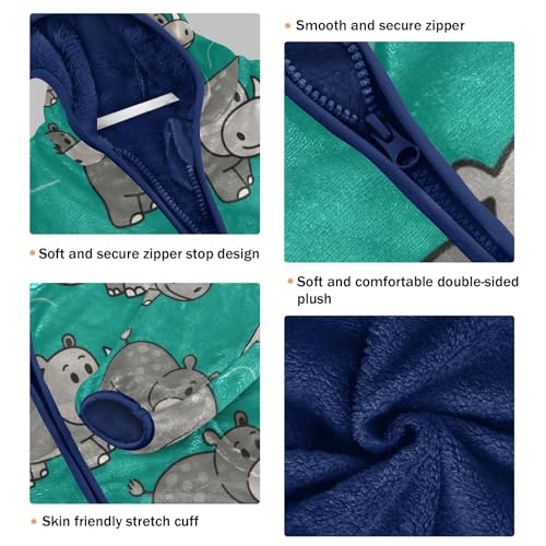 Repeating Hippo Design on Green Toddler Fleece Jacket Girl Boys Hooded Fleece Jacket Coat Warm Outwear Zip-up 3-10T3