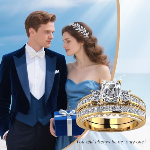 2.50/3.50 Carat(cttw) 3 stones Moissanite Wedding Ring Sets for Women,10K/14K/18K Real Gold Heart/Princess/Oval/Marquise/Round-Cut Engagement Rings Set,Bridal Band Sets Free Engraved3