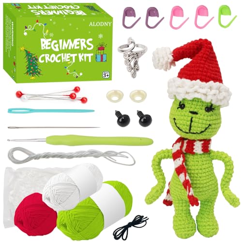 ALODNY Crochet Kit for Beginners Christmas Crochet Kit for Beginners Adults Knitting Kits Hooks Yarn Set with Step-by-Step Video Tutorials