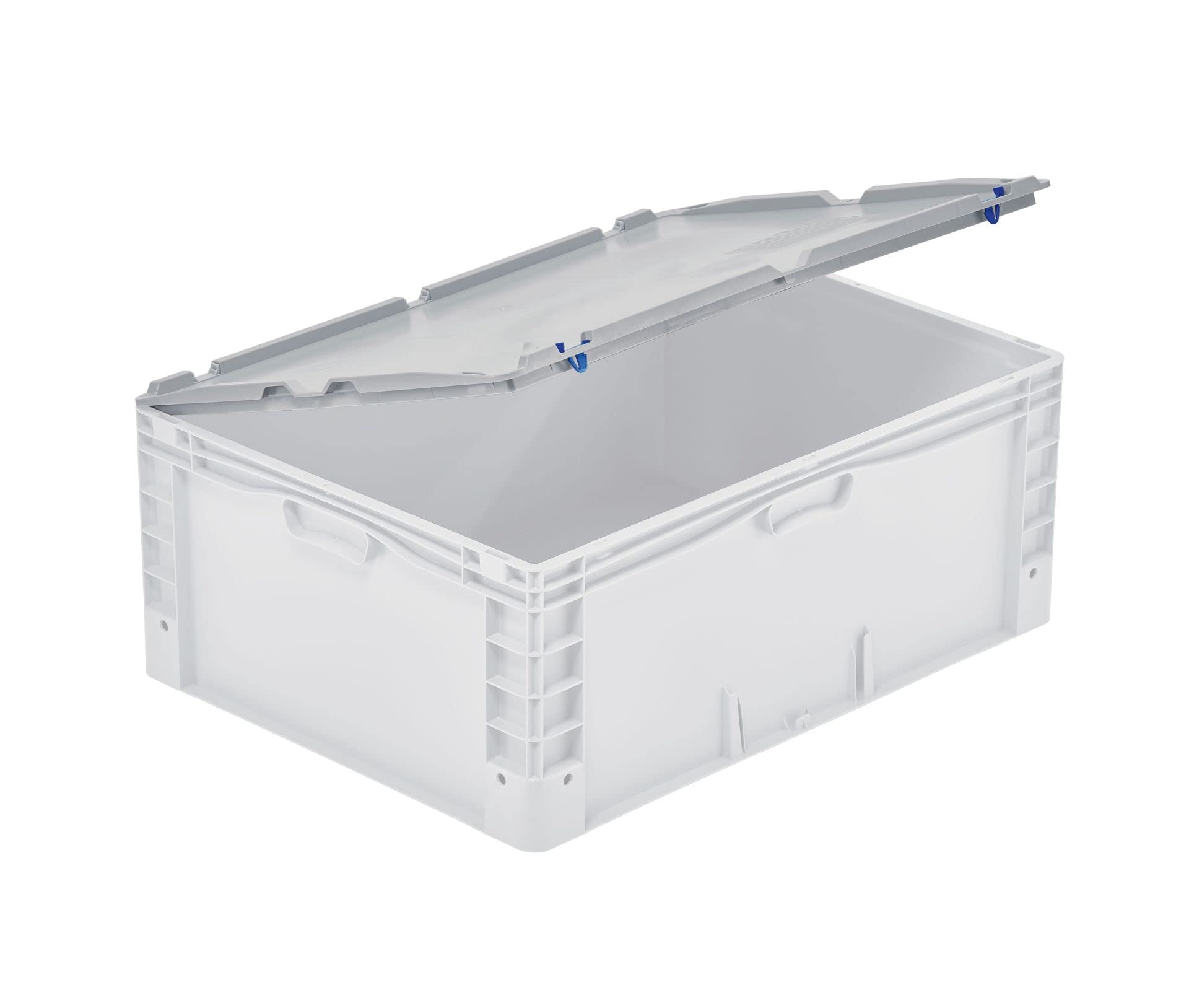 SuperSparSet 4x Scharnierdeckel mit 2x blauen Schiebeschnappverschlüssen für Euro-Norm Großbehälter | BxT 60x80cm | Grau | Eurobox, Transportbox, Transportbehälter, Stapelbehälter