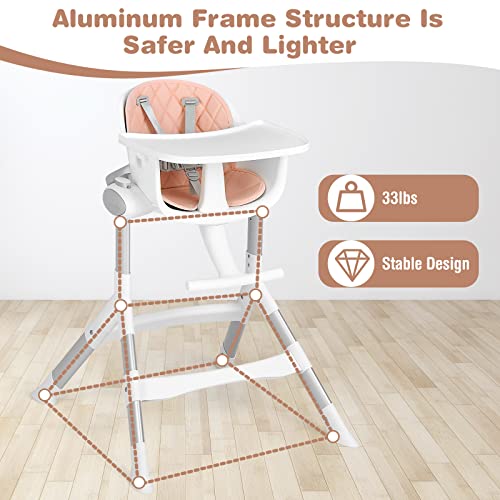Image of INFANS Baby High Chair, Modern Convertible Design Highchair with Aluminum Construction, 5 Different Heights, Removable Tray, Detachable PU Leather Cushion, Dinning Seat for Infant and Toddlers Pink
