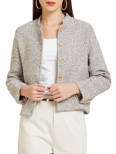 Allegra K Women's Tweed Blazer Stand Collar Long Sleeve Cropped Blazer Jacket