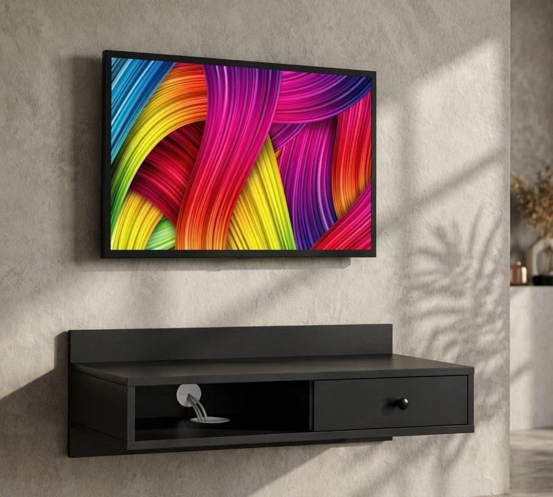 Wall Mounted tv Unit with Drawer & Storage Shelf | Engineered Wood Floating tv Stand Table Cabinet for Set Top Box | Wooden Console Wall Shelf for Living Room | Black | 75x30x30cm-image-34
