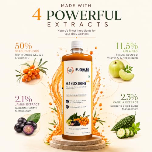 Image of Sugar.fit Himalayan Sea Buckthorn Juice 1000ml | Cold Pressed Seabuckthorn Berry Pulp with 14 Herbs - Amla, Karela, Jamun | Natural Vitamin C, Omega 3 6 7 9 | Immunity, Skin Glow & Gut Health