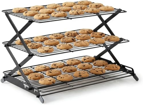 3 Tier Cooling Rack for Baking Collapsible Adjustable Height Wire Cooling Rack Cake Cooling Rack and Cooling Tray for Cookies Biscuits Cakes and Pastries Stable X-Leg 44 x 25 cm Black