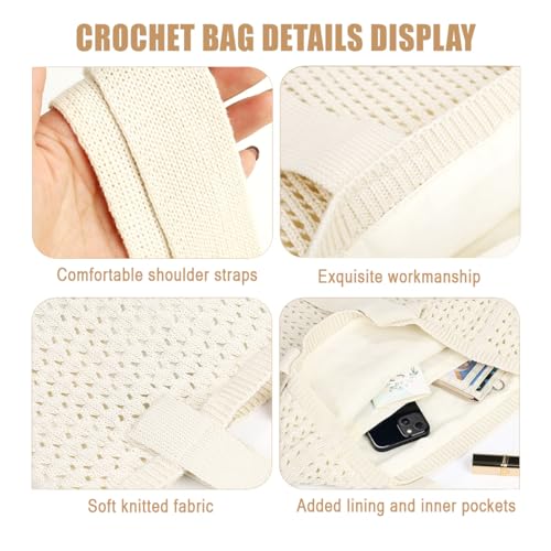 Image of COOKOOKY Lined Crochet Tote Beach Shoulder Bag Women Casual Work Shopping | Lined crochet tote with soft structure, perfect for beach, work, shopping. Roomy & lightweight for daily use.