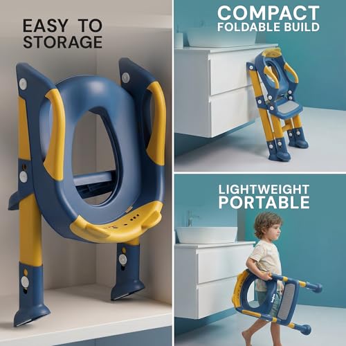 Image of Baybee Aura Pro Baby Ladder Potty Training Seat for Kids | Foldable Baby Western Toilet Seat with Adjustable Height, Grip Handle & Backrest | Potty Training Seat Chair for Kids 1 to 8 Years (Blue)