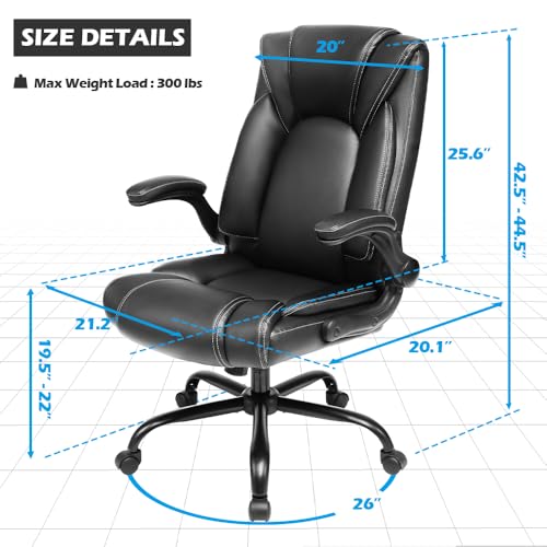 Image of OUTFINE Flip-up Arms Office Chair 300lbs Executive Chair Swivel Office Chair with hydrolysis-Resistant Leather Spring Cushion Thick Padding and Ergonomic Design (Black, Flip Arm Medium) | Flip-up armrests, ergonomic support and durable leather maximize comfort while saving workspace.