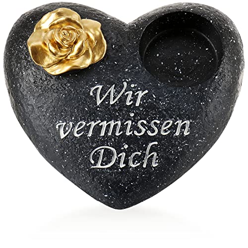 com-four® Grab-Dekoration in Herz-Form mit goldfarbener Rose - Gedenkstein mit Halter für Grabkerze - wetterfester Grabschmuck - Trauerstein mit Gedenkspruch