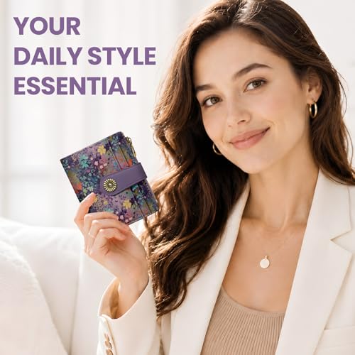 Image of Small Wallet for Women, RFID Blocking Bifold Card Holder Wallet with 10 Card Slots, Cash Compartment, Zipper Coin Pocket & ID Window, Cute Soft Vegan Leather Compact Wallet, Violet