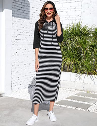 Image of MISSKY Women Casual Pocket Quarter-Zip Neck 3 /4 Sleeve Slim Split Pullover Hoodie Maxi Dress