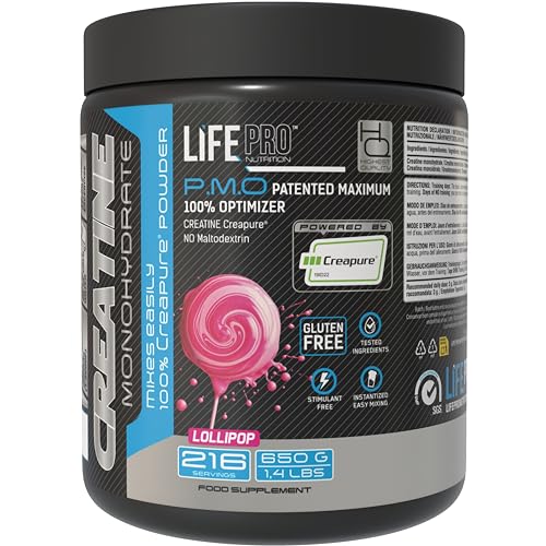 Creatina Monohidratada Creapure Life Pro 650g – Sabor Lollipop – Creatina Micronizada Pura, Hasta 216 Tomas – Sin Gluten, Para Fuerza, Energía y Recuperación Muscular – Calidad Alemana Garantizada