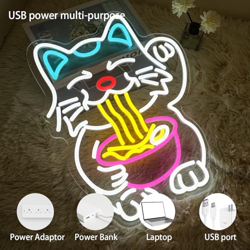 Image of Fortune Cat Ramen Neon Sign for Wall Decor, Dimmable Lucky Cat Neon Light, Japanese Noodles Led Signs for Restaurant, Kitchen, Home, Pub, Dinning Room