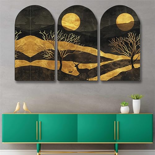 Image of Livin'luxe Golden Moonlight Landscape Wall Art - 3 Panel Modern Painting | Black & Gold Night Scene with Deer, Mountains & Trees | Elegant Wall Decor for Living Room, Bedroom, Office