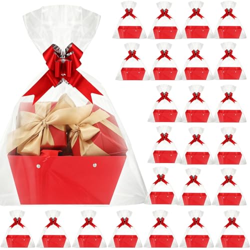 PerKoop 24 juegos de cestas para regalos vacías para llenar, cesta de regalo de papel kraft con asas, 24 cestas navideñas a granel, 24 bolsas de envoltura, 24 lazos para bodas, fiestas de cumpleaños,